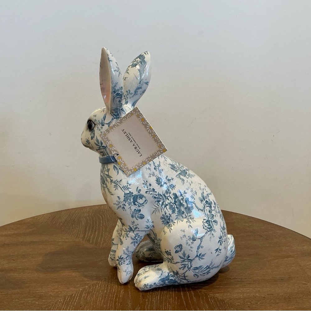 Ceramic Easter Bunny Figurine Blue Toile Pattern with Bow Ribbon - Picture 3 of 5